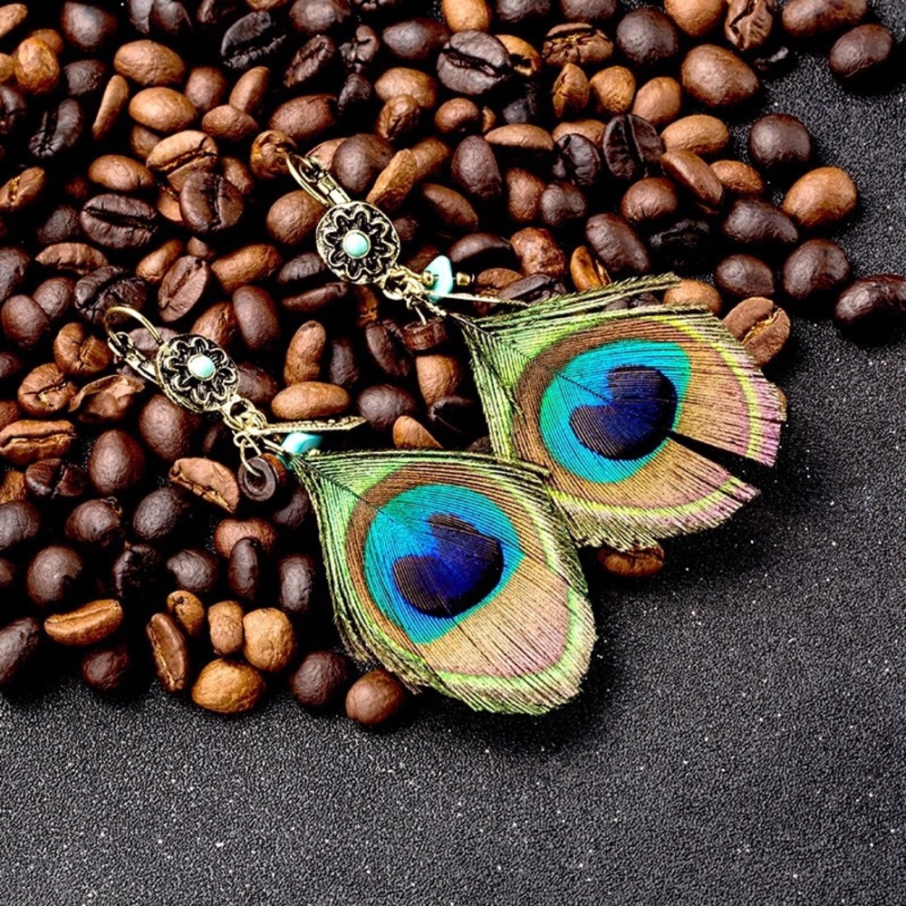 NEW🌟 Boho Peacock Gypsy Hippie Feather Earrings - Picture 3 of 5